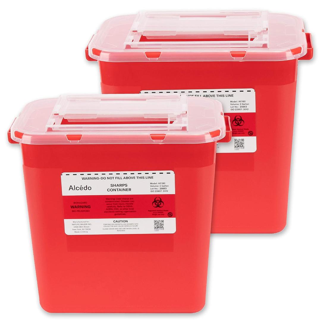 Alcedo Sharps Container for Home Use 2 Gallon (2-Pack) Biohazard Needle and Syringe Disposal Professional Medical Grade