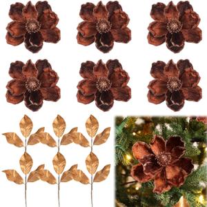 12 Pcs Christmas Magnolia Picks Set 6 Magnolia Flower 6 Golden Leaves Picks Glitter Artificial Flower for Christmas Tree Wreath Decor Floral Ornaments for Xmas Party Holiday(Brown)