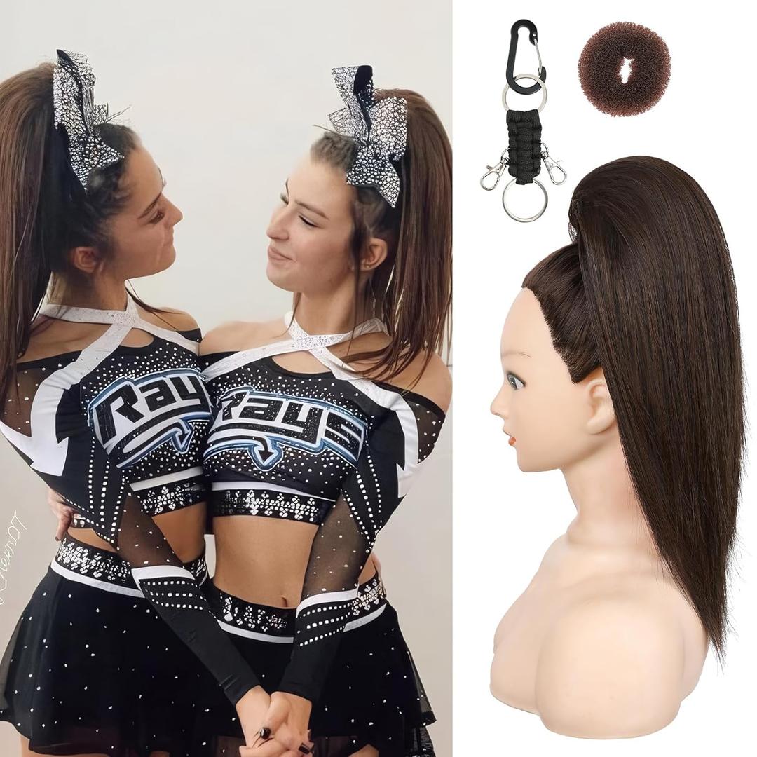 SEIKEA Cheer Ponytail Hair Piece, 16" Straight Cheerleader Hairpiece Ponytail Extension for Cheerleader Competition, Dance, Black Brown with Dark Brown Highlights