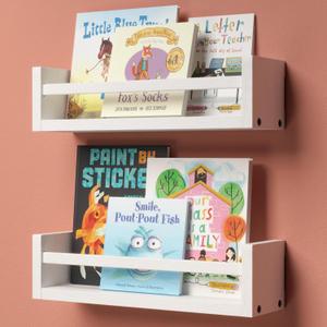 Nursery Book Shelves, 15 Inches Floating Kids Bookshelves for Wall Set of 2, Baby Room Wall Decor, Wall Mounted Wood Shelves for Books, Toys and Wall Storage - White, cute_b