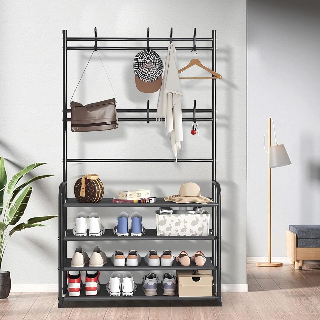 4 Tier Shoe Rack Coat Rack Combo, Shoe Rack and Coat Rack, Freestanding, For Bedroom, Living Room, Hallway, Office, 31.5 in (black)
