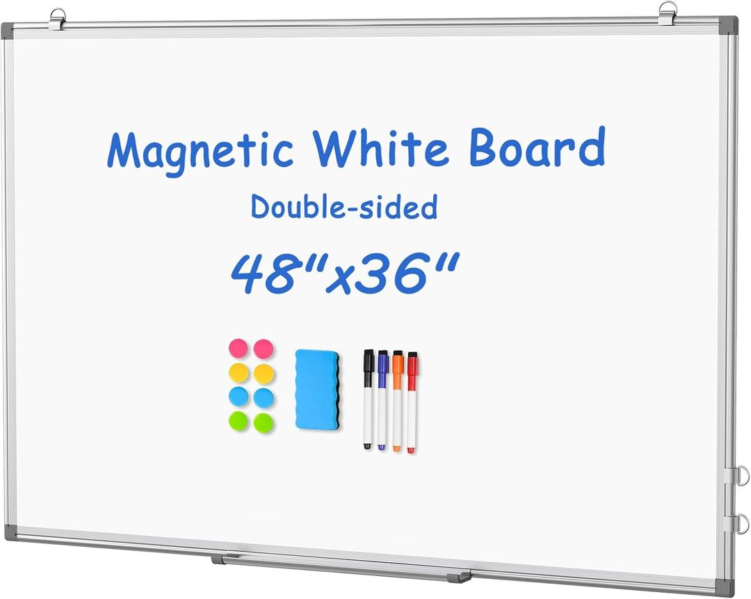 WALGLASS Large White Board Dry Erase for Wall, 48'' x 36'' Double-Sided Magnetic Whiteboard with Aluminium Frame, Hanging & Wall Mount for Home Office School