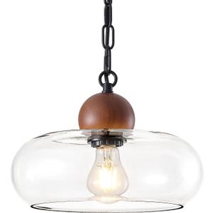 MWZ Modern Farmhouse Pendant Light Kitchen Island with Wood Accent, 11Large Clear Glass Hanging Ceiling Light for Dining Room,Rustic Industrial 1-Light Chandeliers Fixture, Adjustable Chain,E26 Base
