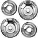 W10196406 and W10196405 Chrome Stove Burner Drip Pan Set for Whirlpool Amana Maytag Magic-Chef Kenmore Electric Range with Locking Slot, Includes 2 6-Inch and 2 8-Inch Drip Bowls