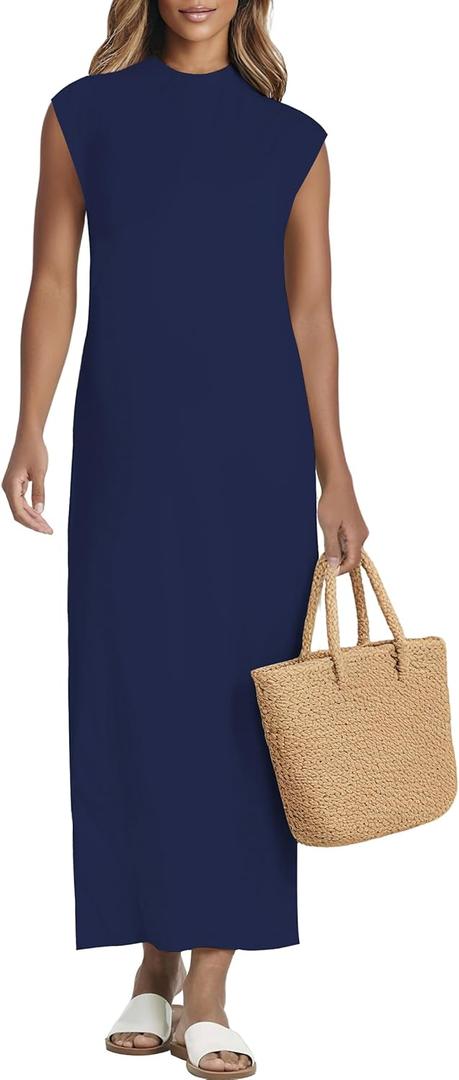 Summer Dresses for Women 2025 Maxi Long Mock Neck Sleeveless Sundress for Beach Church Work Casual HH25502 (Blue, M)