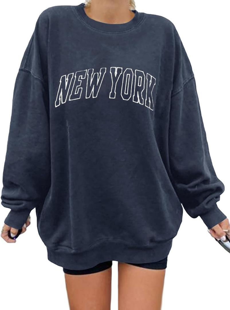 Langwyqu Women's Oversized Sweatshirt Los Angeles California Crewneck Long Sleeve Casual Loose Pullover Tops (Navy, XL)