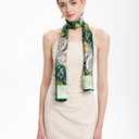 MEISEE 100% Mulberry Silk Scarf for Women 59*6.3 Long Headscarf Neck Scarf Hair Wraps and Shawls with Gift Packed (Green Flowers)