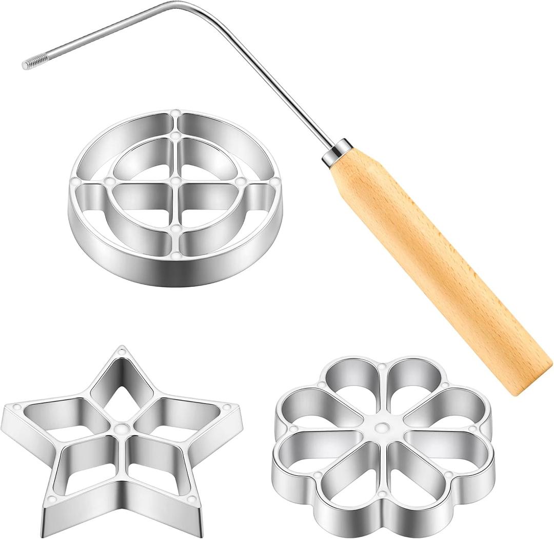 Achappam Mold Bunuelos Mold with Handle Rosette Maker Rosette Cookie Bunuelos Tool Aluminium Cast Waffle Molds Set with 3 Interchangeable Heads Star Flower Circle for Kitchen Baking Cooking Housewares