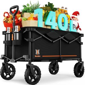 Navatiee 140L Collapsible Folding Wagon, Large Capacity Foldable Wagon with Silent All-Terrain Wheels, Utility Grocery Cart for Camping Shopping Outdoor, Black