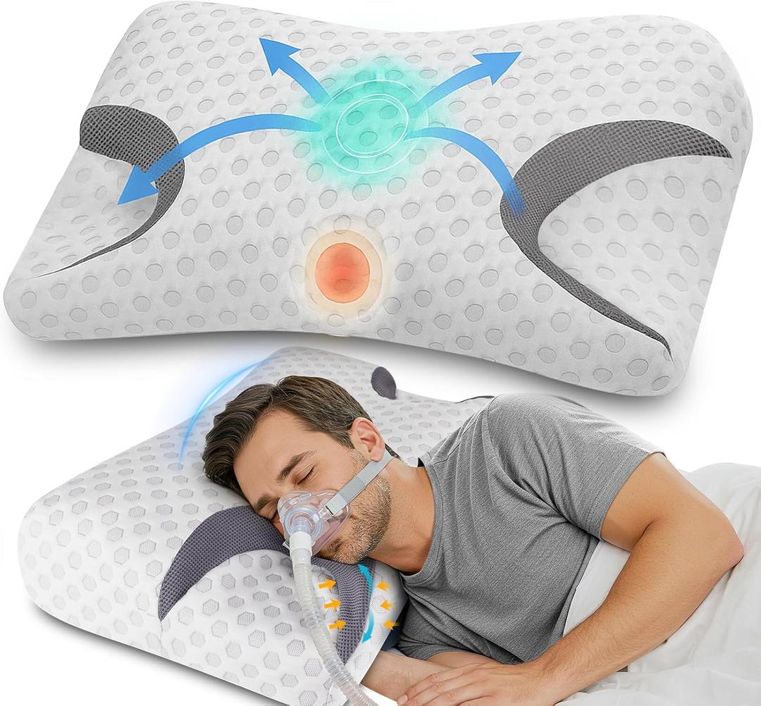 IKSTAR CPAP Pillow for Side Sleepers  Fits All CPAP Mask Types  Adjustable Memory Foam with Contoured Cutouts for Side, Back & Stomach Sleepers  Reduces Air Leaks & Mask Pressure a Better Sleep (Queen-22.8"Lx14.9"Wx(3.9"/3.7")H, White)