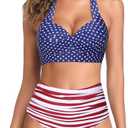 Tempt Me Women Two Piece Vintage Swimsuit Retro Halter Ruched High Waist Bikini with Bottom (XX-Small, Black 1)