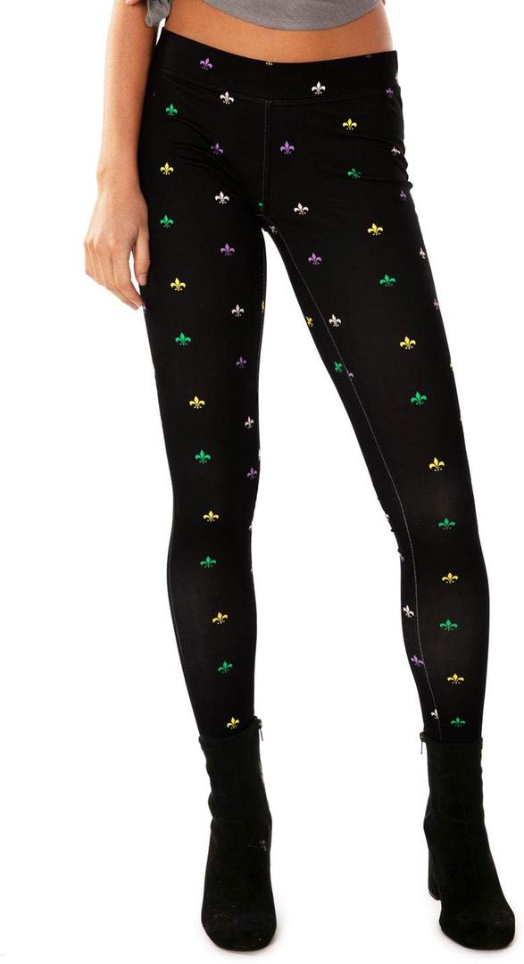 Tipsy Elves Mardi Gras Leggings - Comfortable Non See-Through Mid and High Waisted Stretch Leggings (Small, Mid-waisted Fluer-de-lis (Black)