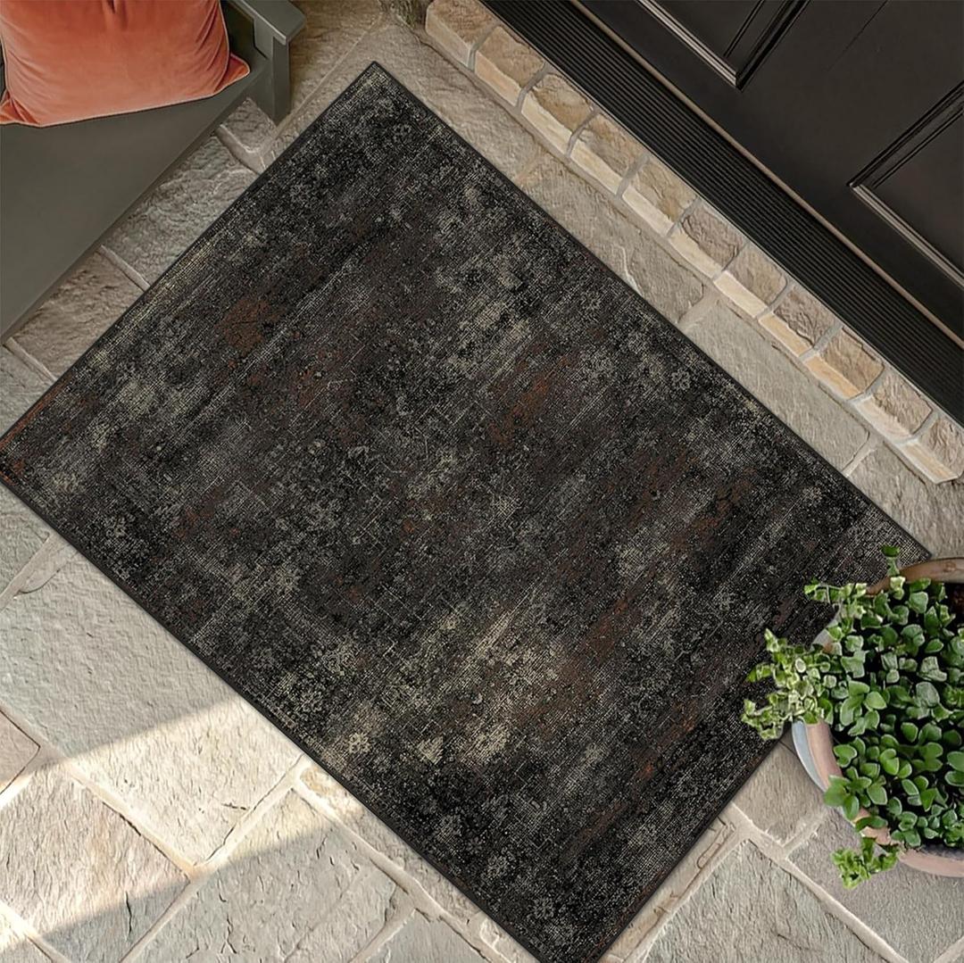 Black Washable 2x3 Rugs for Entryway, Non-Slip Low Pile Entry Rug, Stain Resistant Indoor Mat for Bathroom, Mudroom & Kitchen, Dark Farmhouse Volcanic Charcoal Design