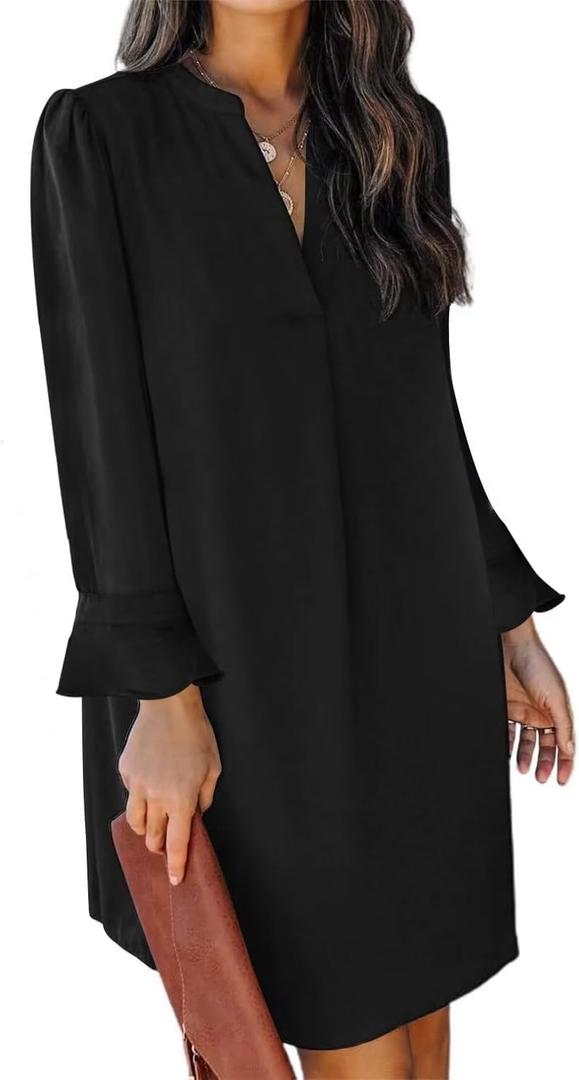 QACOHU Fall Dresses for Women 2026 Casual V Neck Long Sleeves Flowy Mini Tunic Dress (Black, L)