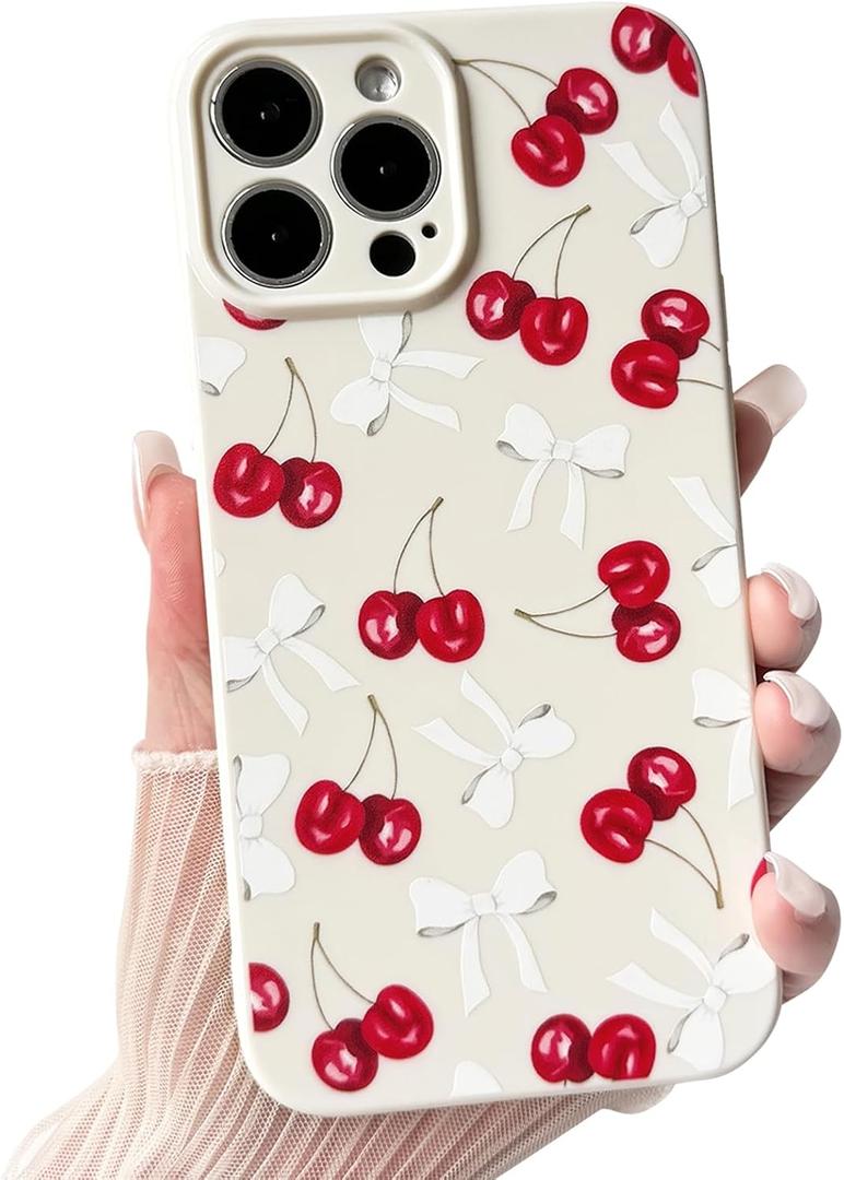 NITITOP Compatible with iPhone 14 Pro Max Case Cute Cherry Bow Ribbon Design for Women Girls Soft TPU Fit Slim Stylish Full Camera Protection Phone Cover - White Color