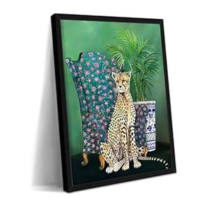 Vintage Stylish Leopard Wall Art Framed Animal Painting Print with Floral Armchair Retro Green Nature Picture Poster with Wooden Frame Modern Home Décor for Living Room, Bedroom, Office 16x24 Inches