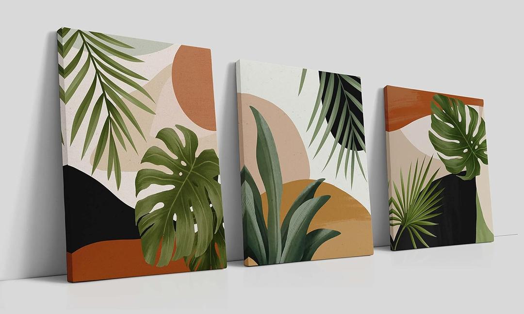 LiTiu Abstract Boho Tropical Monstera Palm Leaves Mid Century Modern Framed Wall Art Canvas Prints Decor,11x 14Set of 3,Minimalist Geometric Boho Decorations For Home Girls Bedroom Bathroom Office