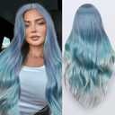 FAVE Mermaid Wig Ombre Blue Wig Mixed Lilac Gray Long Wavy Middle Part Wig Colorful Wigs for Cosplay Party 28Inches Heat Resistant Synthetic Wigs