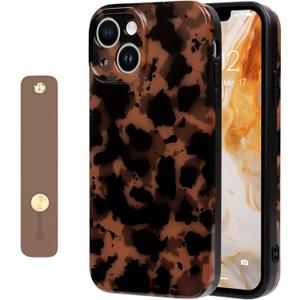NITITOP Compatible with iPhone 15 Case Cute Leopard Tortoise Wrist - Black | Strap design, Aesthetic amber, For girls women men, Girly, Soft TPU, Full camera lens, Protective, Shockproof phone cover