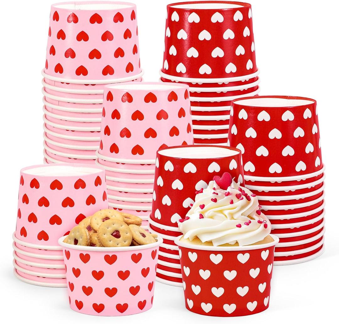 Whaline Valentine's Day Snack Cup Disposable Bowls Red White Heart 9 Oz Ice Cream Dessert Food Treat Paper Bowls for Wedding Anniversary Mother's Day Party Favor Supplies, 50 Pcs