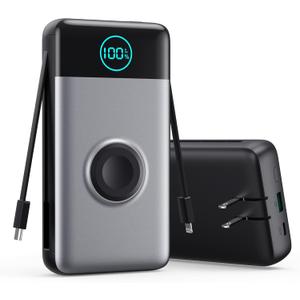 Portable Charger 40800mAh Power Bank with Built-in Cables, Wall Plug and iWatch Charger, 6-IN-1 QC4.0+25W PD USB C Fast Phone Charging, LCD Display Battery Pack for iPhone 16/ 15/ 14, Apple Watch, Galaxy etc