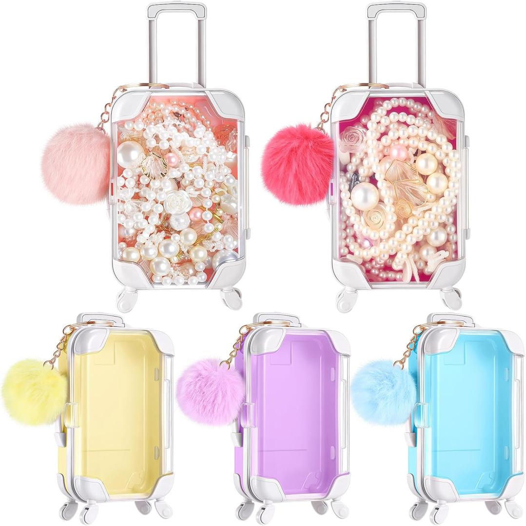 10 Pcs Mini Suitcase Empty Storage Box and Plush Ball Keychain Candy Luggage Containers Packaging Case for Bridal Shower Baby Shower Party Favors Travel Gifts (Mixed Colors)