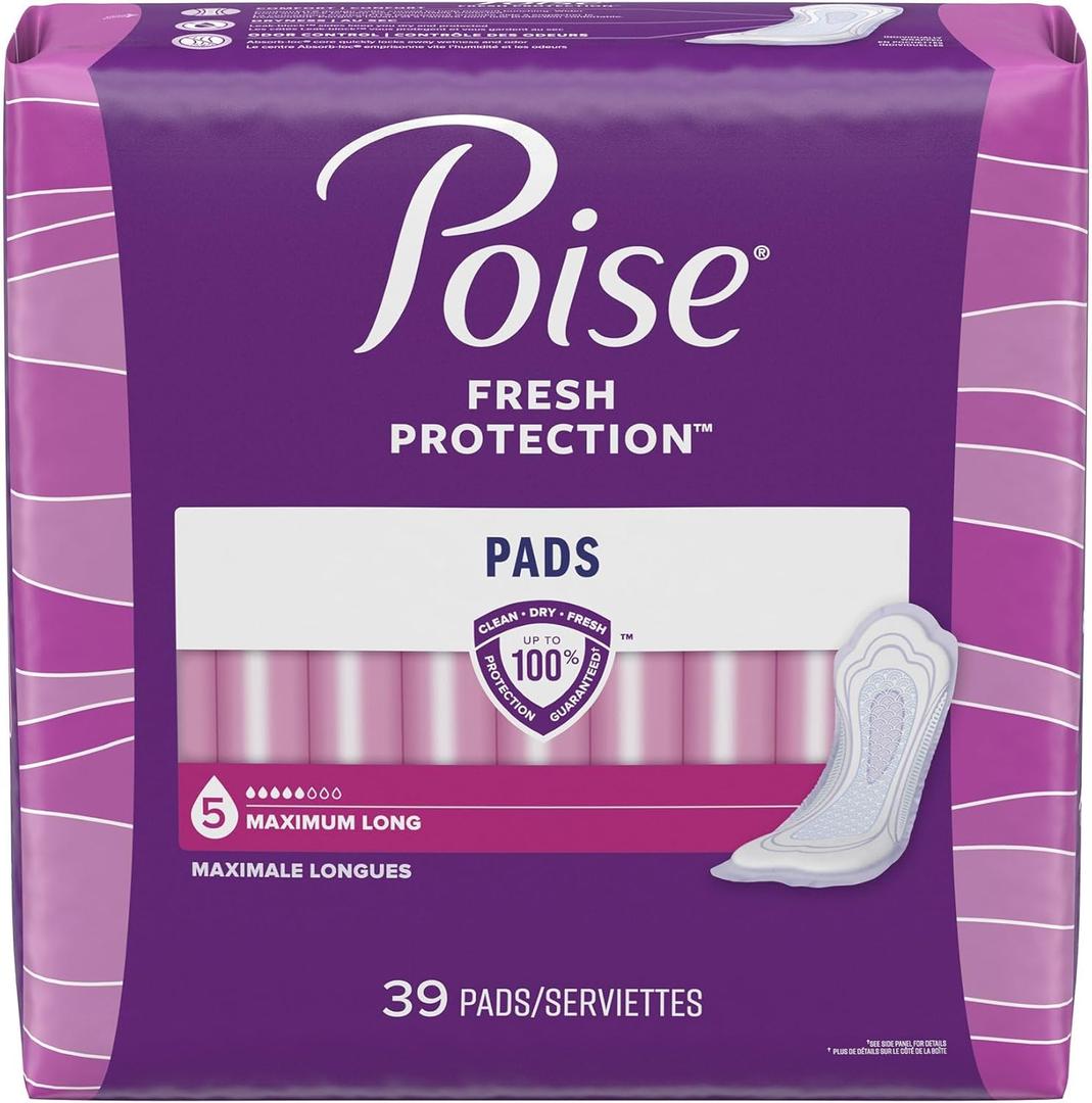 Poise Incontinence Pads for Women 5 Drop: Max Absorbency, Long Length, 39 (1 pack)