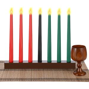 10 Pieces Kwanzaa Kinara Candles Set Flameless Battery Operated Kwanzaa LED Taper Candles with Candle Holder Wooden Wine Goblet Bamboo Table Mat for Kwanzaa Celebration Decoration