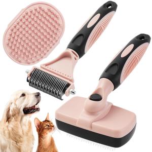 XAQMHSW 3PCS Cat & Dog Brush Set: Slicker & Deshedding Brush, Dematting Comb, and Bath Brush  Premium Grooming Tools for Shedding & Tangle-Free Fur (Pink)