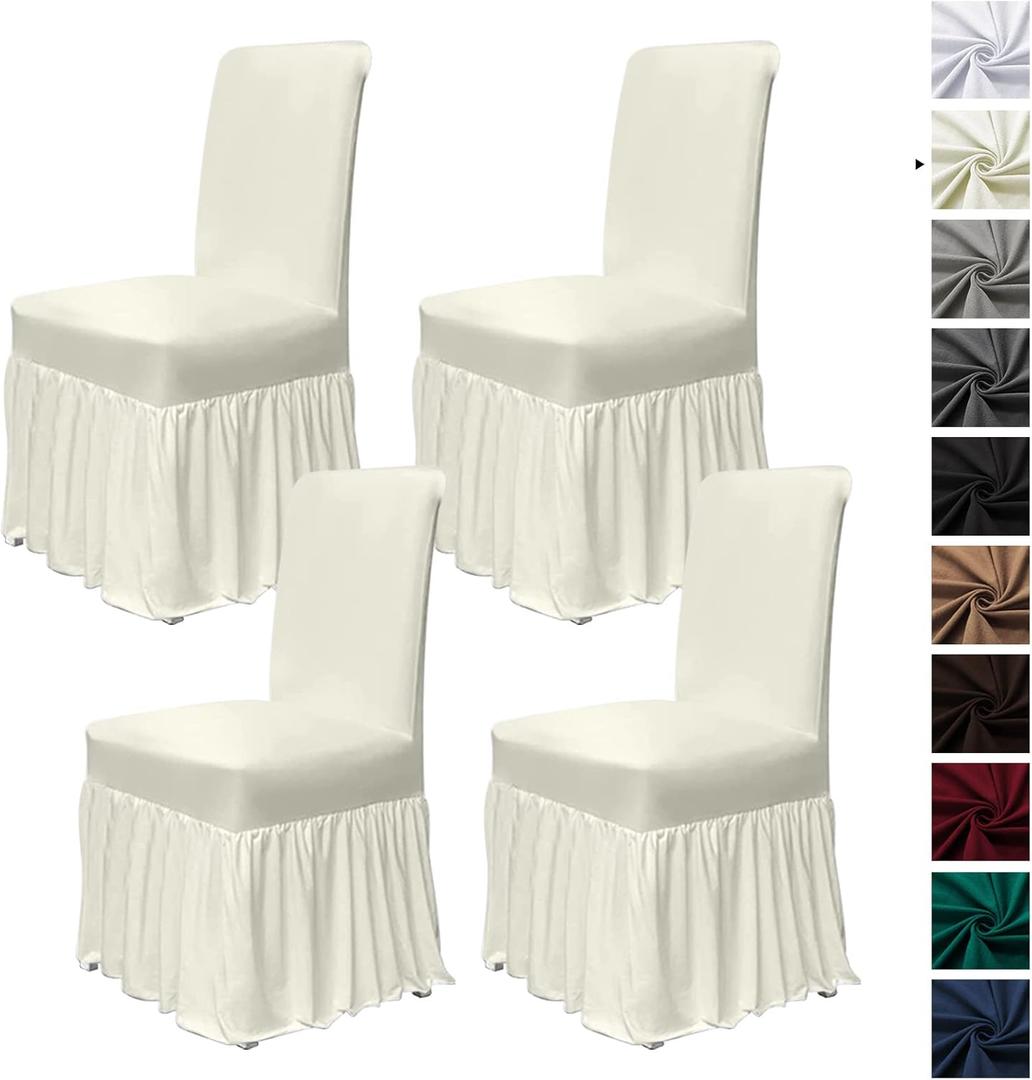 molasofa Chair Covers for Dining Room Set of 4 Stretch Chair Slipcovers with Skirt for Kitchen Seat Protectors Wedding Banquet Decor Kids Pets Spandex Fabric Washable (4pcs, Cream)