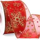 Ribbli Christmas Snowflake Glitter Wired Organza Sheer Ribbon, 2-1/2 Inch x 20 Yards Red with Gold Glitter Snowflake Pattern for Tree Decoration