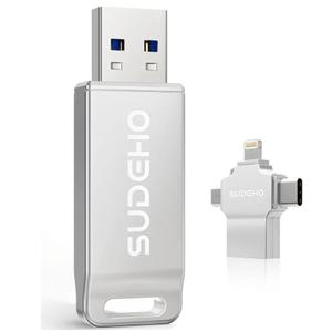 MFi Certified Photo Stick 256GB USB Flash Drive for iPhone, 4 in 1 External Memory Thumb Drive for Picture Video Saver and Backup, High Speed Memory Stick Pen Drive for iPhone/iPad/Android/PC (Silver)