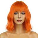 Wavy Wig With Bangs Women's Short Orange Wigs Curly Wavy Bob Synthetic Cosplay Wig for Girls Daily Use Halloween Wigs(12" Orange)