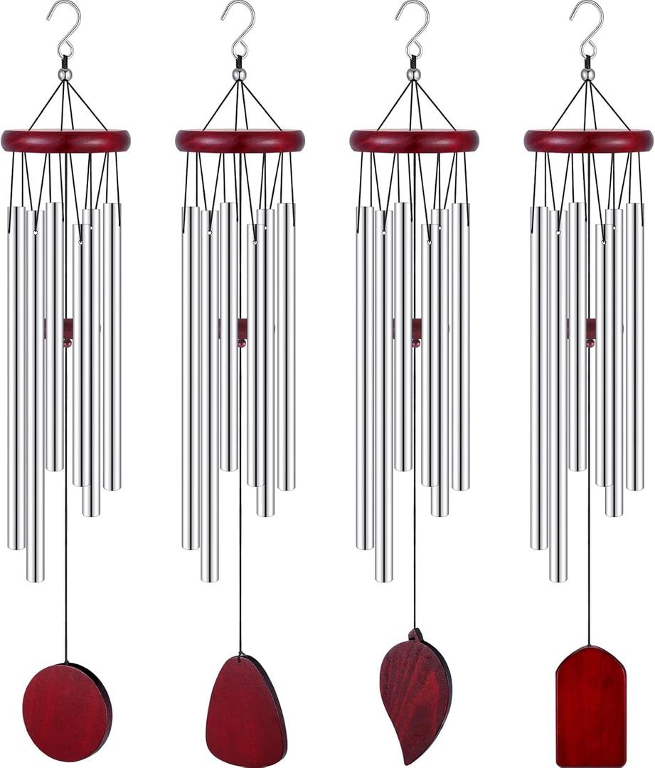 Tatuo 4 Pcs Memorial Wind Chimes 28 Inch Wooden Sympathy Wind Chimes DIY Sympathy Gift for Father's Day Loss of Loved One Bereavement with 6 Aluminum Tube for Indoor Outdoor (Silver,Simple Style)