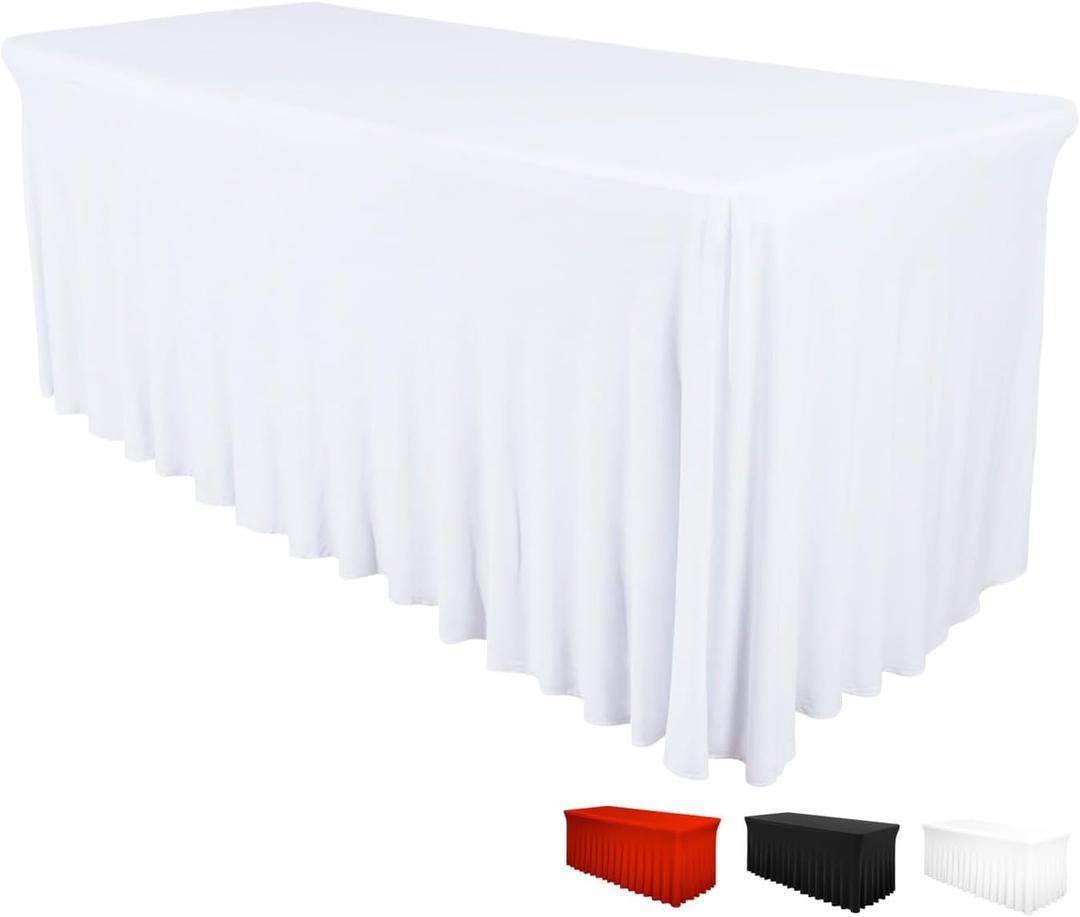 Destination 8ft Rectangular Table Skirt - White Wedding Spandex Table Cover - One Piece Fitted Stretchy Tablecloth - Wrinkle Resistant Ruffles - Great for Party, Banquet