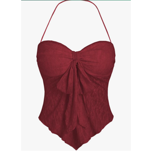 Women's Lace Halter Top Bow Knot Front Backless Asymmetrical Y2k Going Out Coquette Tank, Small, Red
