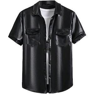 WDIRARA Men's Pu Leather Flap Pocket Short Sleeve Button Up Shirt Party Collar Top S