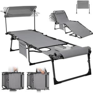 KingCamp Tanning Chair with Face Hole, Lounge Chairs Outdoor Folding Portable Comfy Adjustable 5-Position Foldable Chaise Chaser with Canopy Shade for Outside Beach Patio Sun Bathing Pool, Grey