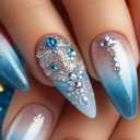 Rhinestone Press on Nails Medium Almond Fake Nails Blue Ombre False Nail with Design Stiletto Glue on Nails Glossy Acrylic Nail Full Cover Stick on Nail for Women Girls Manicure 24Pcs (style19)
