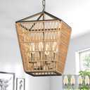 Modern Farmhouse Chandelier Light Fixtures, 4-Light Rattan Pendant Lighting with Bulbs, Boho Black Metal Geometry Chandeliers for Dining Room, Kitchen Island, Entryway Foyer