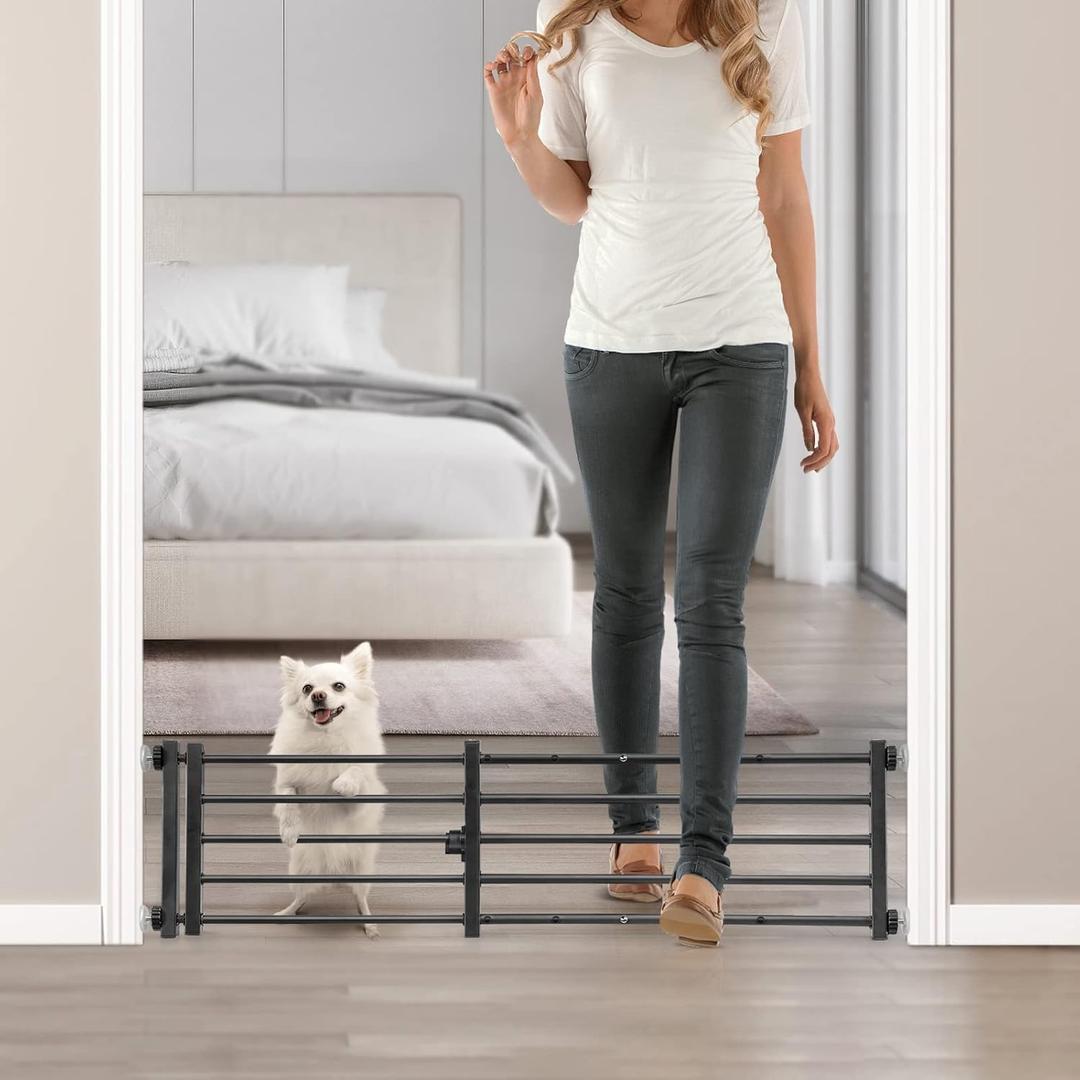 Malier Indoor Dog Gate with Door, 26-41" Extra Wide Full Metal Pet Gate Short Dog Gate for Stairs, Pressure Mount 10'' Tall Small Puppy Low Gate Easy Step Over for Doorways (Black)