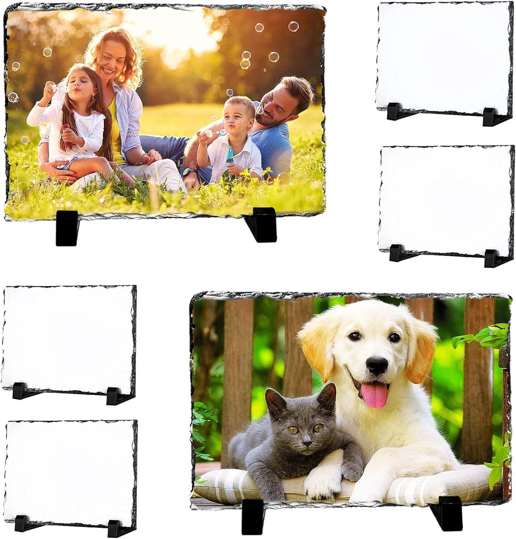 6 Pack Sublimation Slate Blanks,Heat Thermal Transfer Sheet Stone Photo Frame DIY Sublimation Blank with Display Holder for Desktop Souvenir Custom Design Work