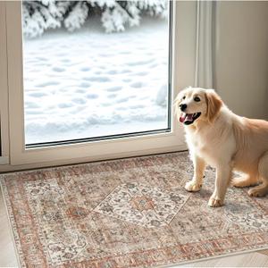Washable 2x3 Entryway Area Rug: Vintage Non-Slip Backing Rugs for Kitchen Bathroom Water Resistant Carpet for Bedroom Soft Low Pile Front Door Mat for Dining Room 2x3 Brown/Orange