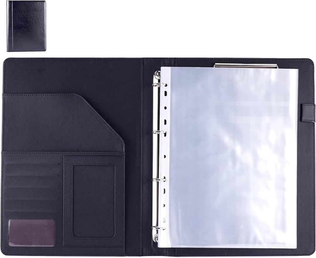 Enyuwlcm PU Leather Padfolio Ring Binder with Clipboard Resume Leather Portfolio with 20 Clear Plastic Sleeves Black