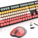 Wireless Keyboard and Mouse, MOFII 104 Round Keycaps Retro Typewriter with OTG & Brush, Full-Size Ergonomic, Ideal for Windows PC, Home, Office and College Rainbow Red
