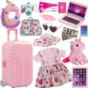 Windolls 18 Inch Doll Suitcase Travel Luggage Play Accessories, Doll Clothes Accessories Carrier Storage Set, Case, Hat, Sunglasses, Camera, Pillow, Toy Pet