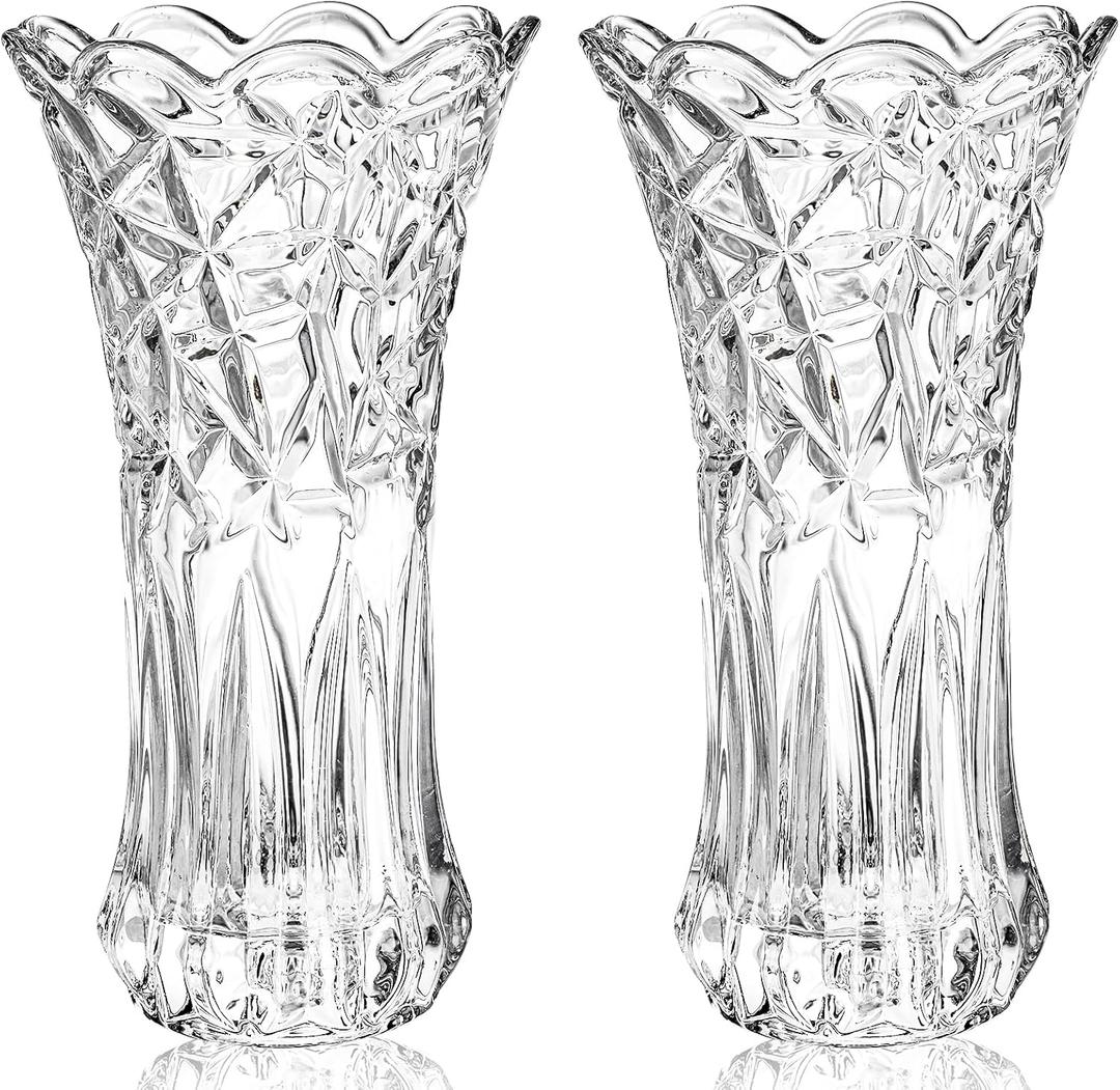 Dicunoy Set of 2 Glass Flower Vase, 9.5" Large Clear Flower Vases for Centerpieces, Modern Crystal Rose Vase, Heavy Duty Tall Cylinder Flared Vase with Heavy Base for Home, Living Room, Office