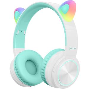 Picun Cat Ear Kids Bluetooth Headphones Dreamy LED Light Up, 40 Hours Over Ear Headphones for Kids with HD Mic, Foldable, Soft Memory Earpad for Travel/School/Laptop/PC/Tablet (Green)
