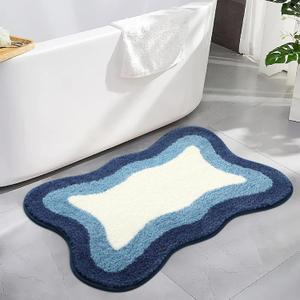 HAOCOO Bathroom Rugs 18x25 inch, Extra Soft Non Slip Blue Irregular Shape Bath Rugs, Microfiber Absorbent Washable Small Rug Bath Mats for Bathroom Floor Door Mat Tub Shower