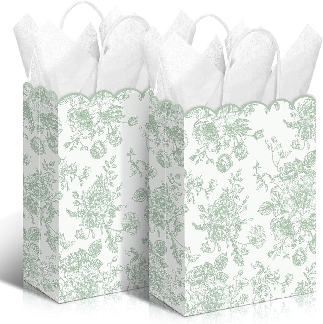 Kolldenn 24 Pcs Sage Green Floral Gift Bags with Handles Wildflower Party Favor Candy Treat Goodie Bags Scalloped for Birthday Decoration for Bridal Baby Shower Party Supplies